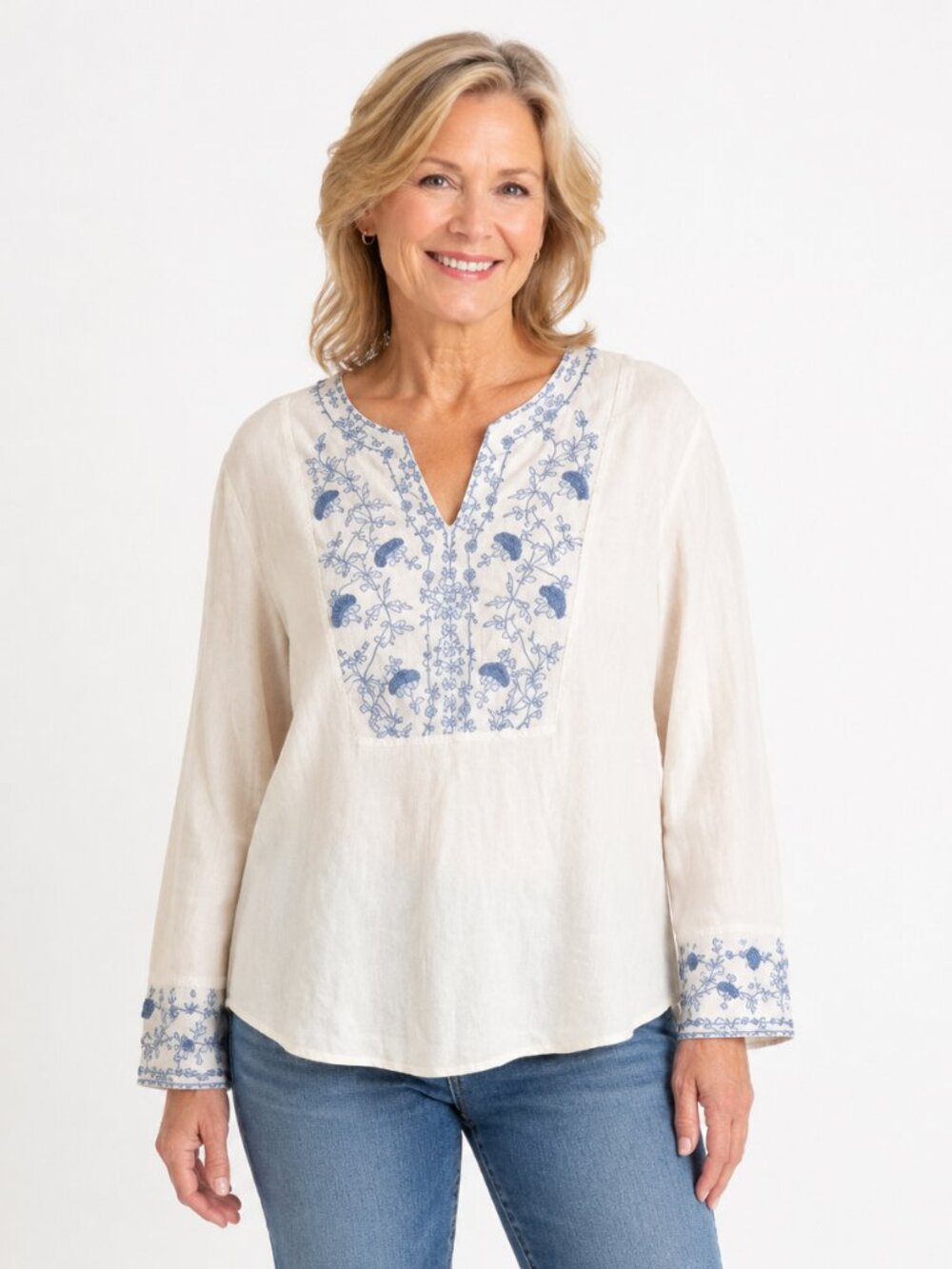 J. Jill Ivory Blue Floral Embroidered Split Neck Boho Tunic Blouse Sz L